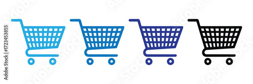 Four shopping cart icons in different shades of blue and black, isolated on a white background