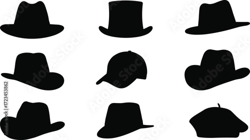Variety of stylish hat silhouettes including fedora, top hat, trilby, baseball cap, cowboy hat, pork pie, and beret designs"
