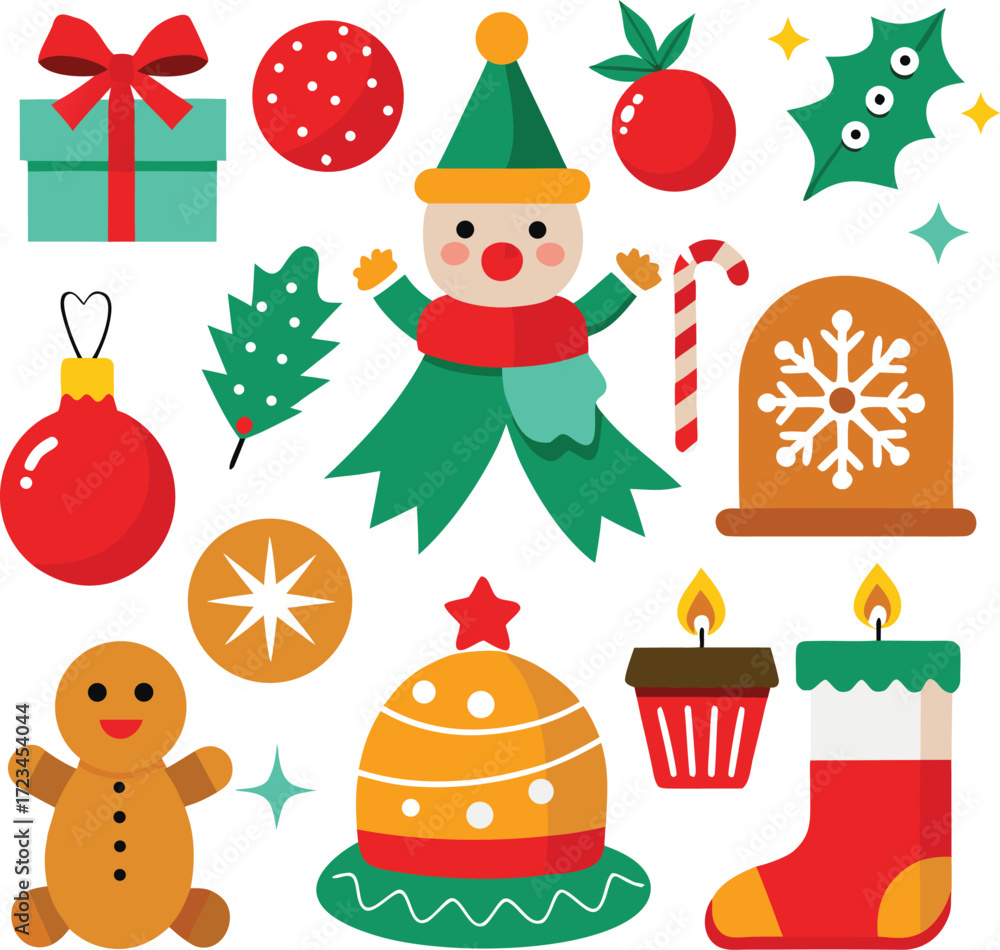 Fototapeta premium Vector art of a vibrant assortment of christmasthemed illustrations featuring a snowman, gingerbread person, christmas tree, gift, ornaments, candy cane, and festive elements, all isolated on a