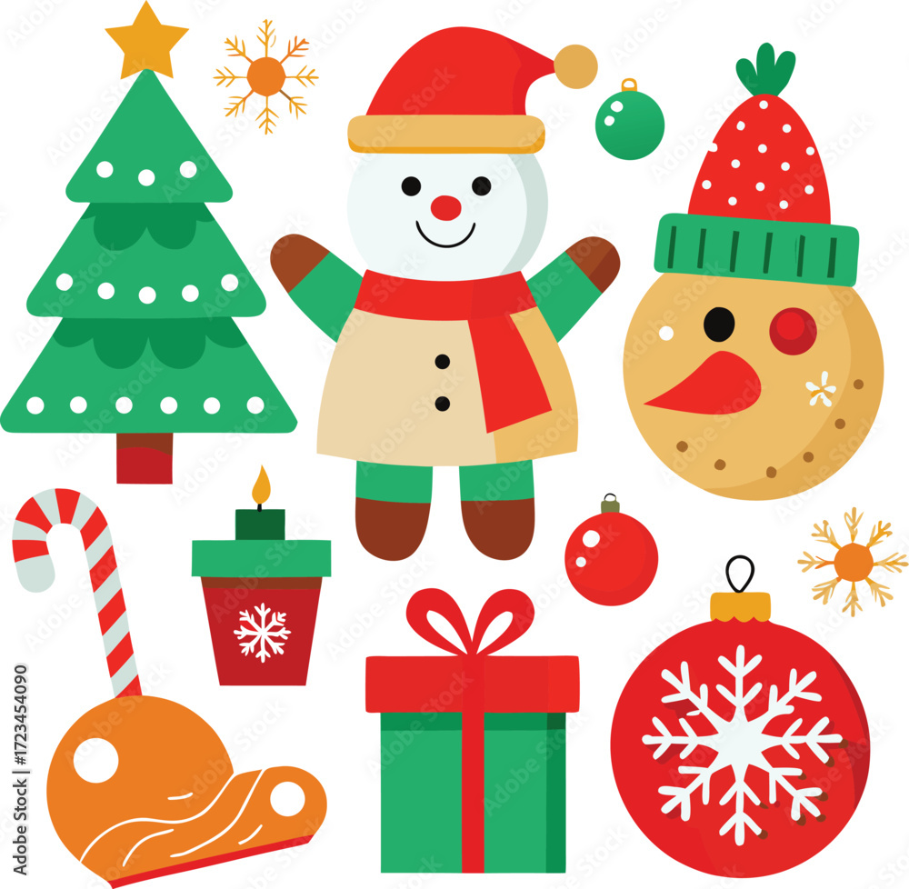 Fototapeta premium Vector art of collection of festive christmas icons including a snowman, christmas tree, gift box, candy cane, snowflake ornaments, and festive decorations, all isolated on a