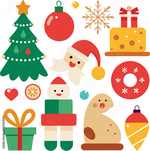 Vector art of a delightful collection of christmas icons including a christmas tree, santa claus, snowman, gift box, ornaments, and snowflakes, presented on a clean for easy use
