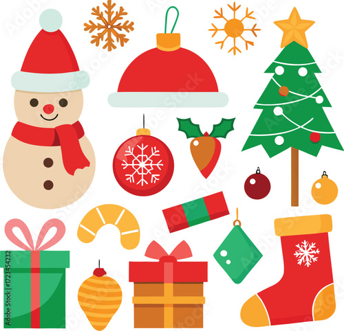 Vector art of a delightful collection of christmas symbols including a friendly snowman, a decorated pine tree, gift boxes, ornaments, and a stocking, all isolated on a for holiday projects
