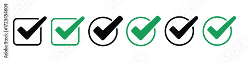 Collection of six check marks in black and green, some in boxes and circles, isolated on a white background