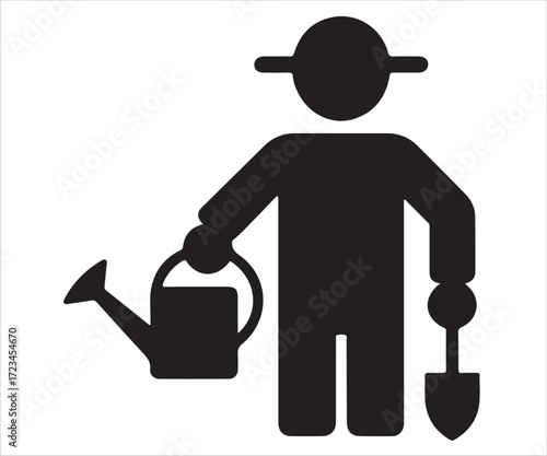 Black silhouette of gardener icon holding watering can and trowel for plant cultivation
