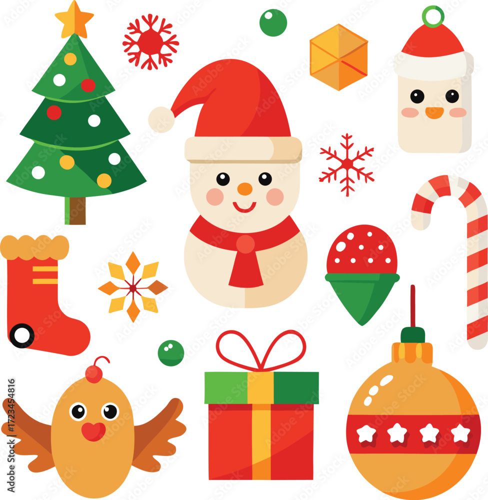 Obraz premium Vector art of whimsical christmas collection, showcasing a snowman, chick, christmas tree, stocking, gifts, ornaments, snowflakes, and candy cane