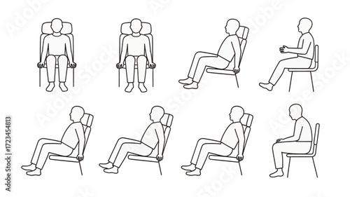 Collection of eight distinct line art figures in a simple silhouette style depicting various seated and standing poses for human characters silhouette