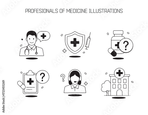 Professionals of Medicine Illustrations: A set of clean-lined illustrations, each showcasing diverse aspects of the medical field, with the focus on clarity, communication, and health. 