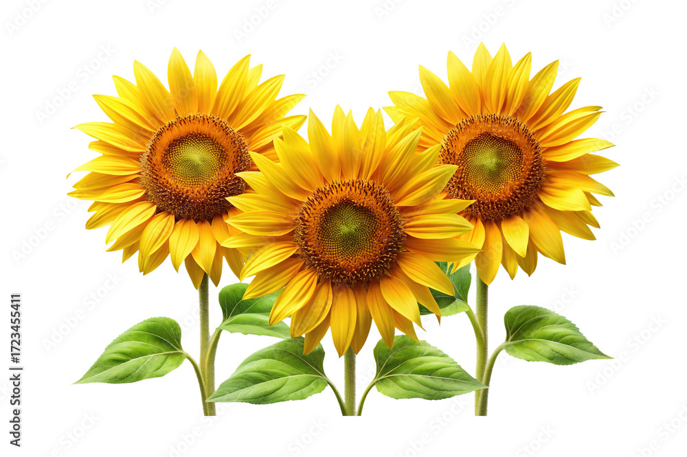 Obraz premium A trio of vibrant sunflowers standing tall against a white background