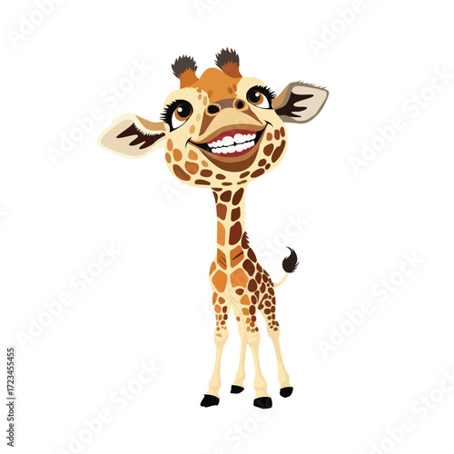 Funny cartoon giraffe with a wide smile and large eyes on white background cute animal