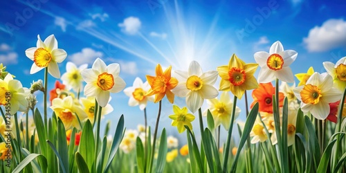 Colorful daffodils blooming in a spring garden against a light blue sky with minimal sunlight filtering through