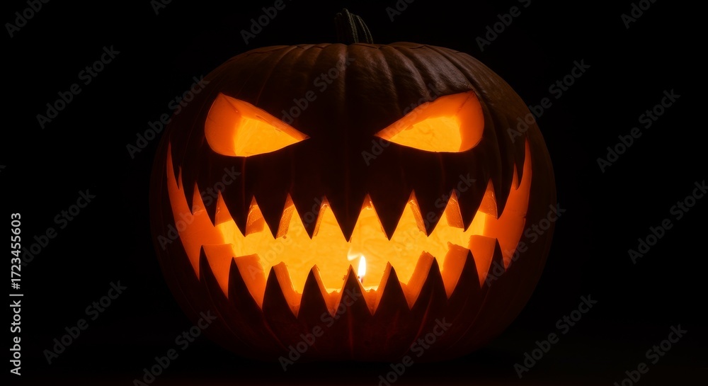 Fototapeta premium Illuminated Jack-o'-Lantern with Spooky Face and Glowing Candle Light