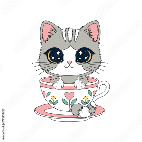 Cute cartoon kitten with big eyes sitting in a teacup with hearts and flowers saucer