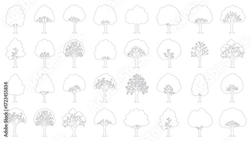 Collection of diverse tree outlines and silhouettes in a simple line art style for architectural and landscape design purposes silhouette