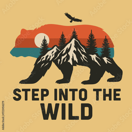 Explore The Wild Bear Silhouette with Mountain Landscape. Retro Outdoor Adventure and Nature Illustration.