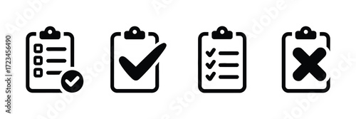 Set of four checklist icons with different status pending, approved, list, and rejected, isolated on white background