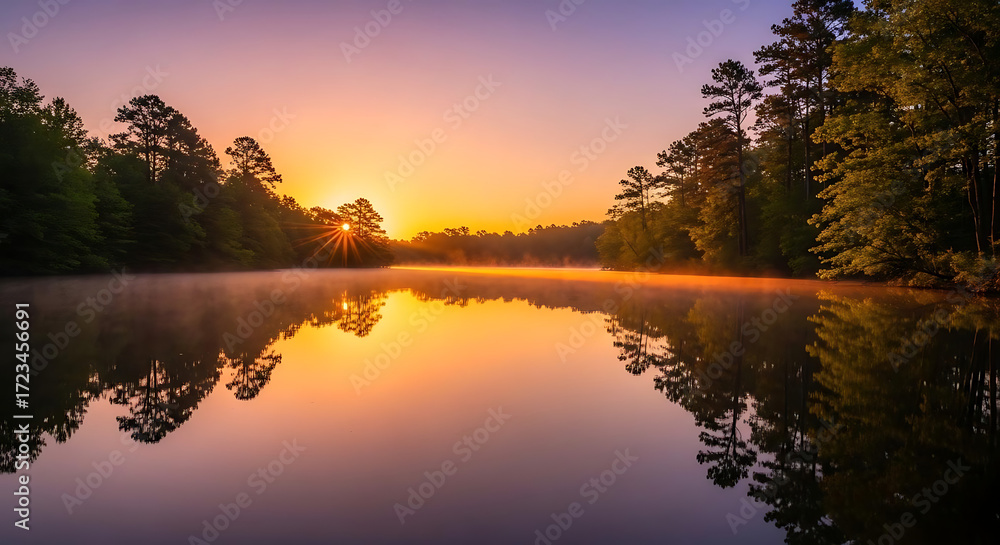 Obraz premium Lake at dawn with sunburst through trees and reflections on the water surface in the morning light ai generated