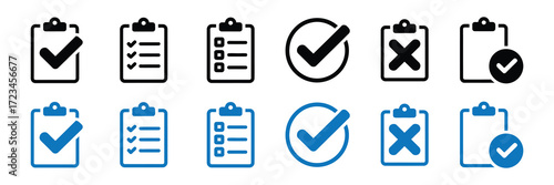 Collection of checklist icons, including checkmarks, cross marks, and todo lists, isolated on white background