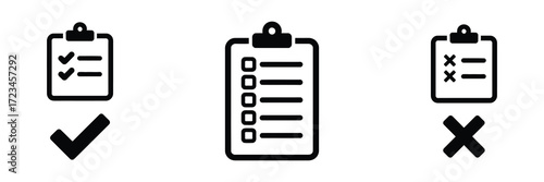 Three checklist icons on a clipboard, one with a checkmark, one blank, and one with an x mark, isolated on white background