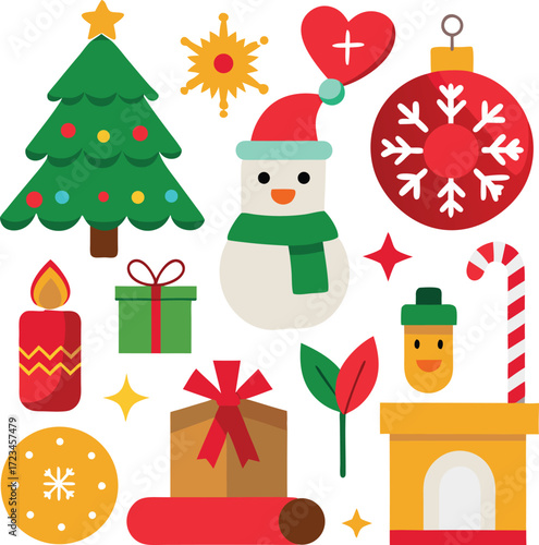 Vector art of assortment of cheerful christmas elements featuring a snowman, christmas tree, ornaments, gifts, candy cane, and fireplace