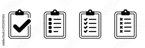 Set of four checklist icons with different status completed task with checkmark, todo list, list with checkmarks, and list with crosses, isolated on white background