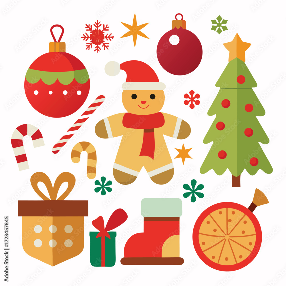 Fototapeta premium Vector art of a cheerful christmas flat design collection with a gingerbread man, tree, gift, stocking, candy cane, and ornaments, all isolated on a
