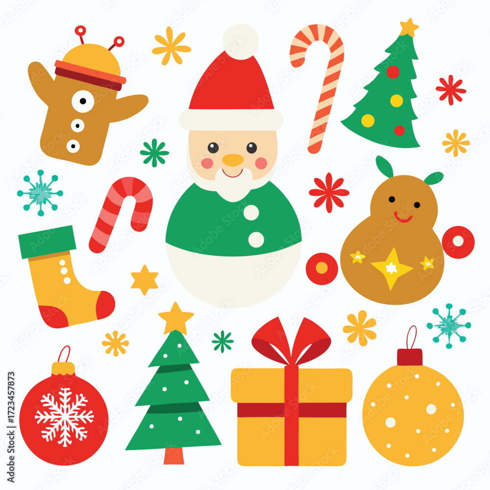 Fototapeta premium Vector art of cute cartoon christmas elements including a gingerbread man, snowman, candy cane, christmas tree, bauble, gift box, and stocking
