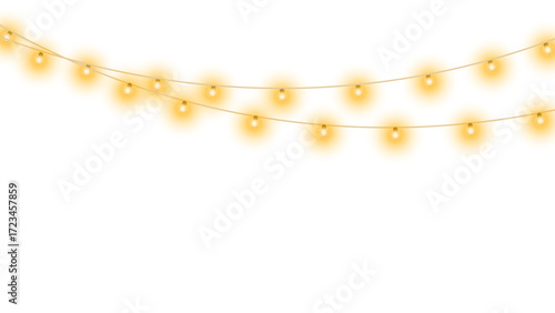 PNG Christmas lights isolated realistic design elements. Glowing lights for Xmas Holiday cards, banners, posters, web design.	