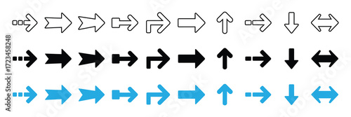 Collection of various arrow icons set in different styles and colors, including outlined, solid black, and blue, isolated on white background
