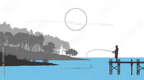 A solitary fisherman casts his line from a wooden pier into a calm blue lake surrounded by a dense forest silhouette