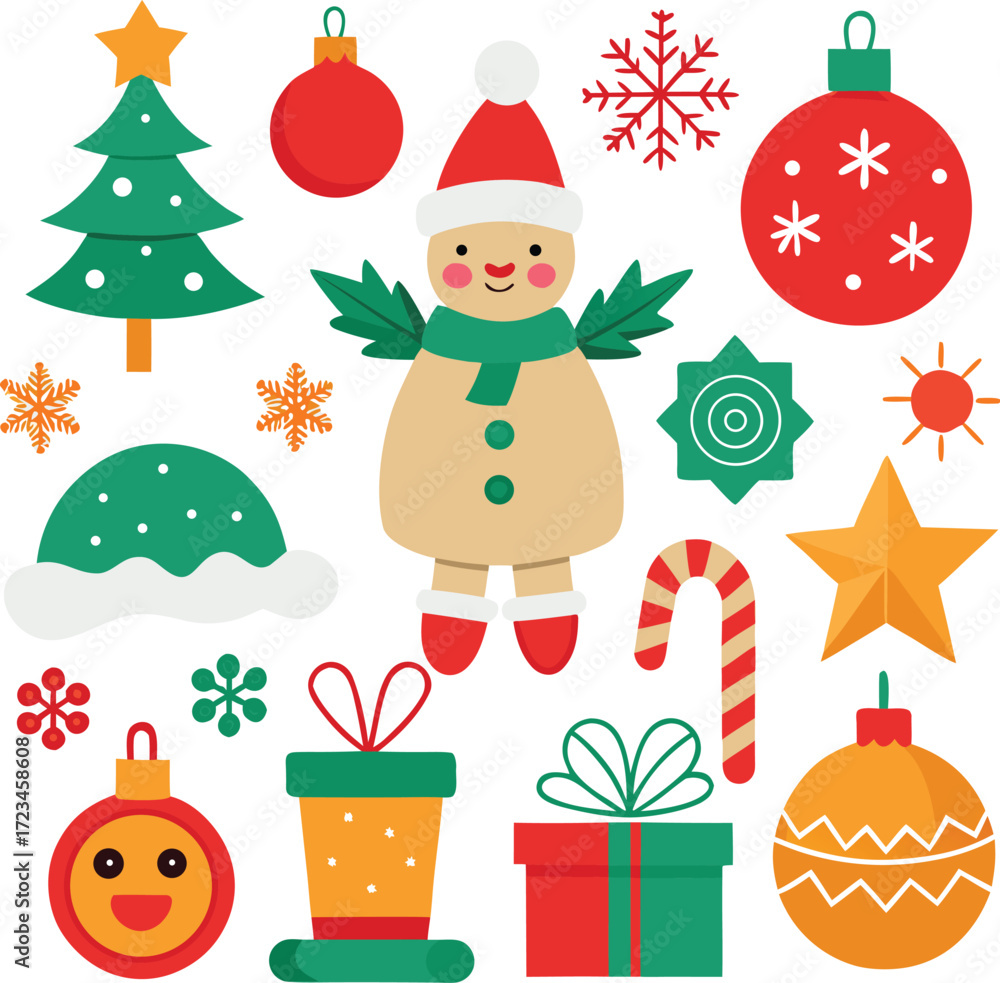 Fototapeta premium Vector art of vibrant collection of christmas icons, including a smiling snowman, decorated fir tree, round ornaments, gift boxes, candy cane, and star, all isolated on a for easy use