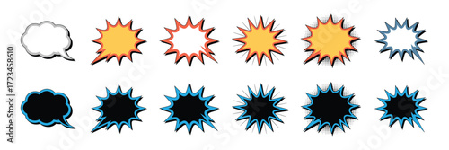 Collection of comic book style speech bubbles and explosion shapes in various colors including yellow, orange, red, blue, black, and white, isolated on white background