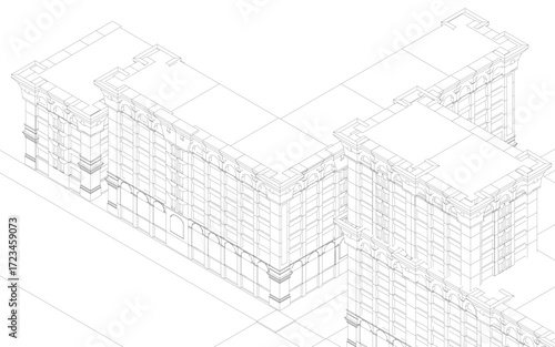 A detailed 3D wireframe model of a building blueprint, featuring numerous windows and architectural lines.Isometric view