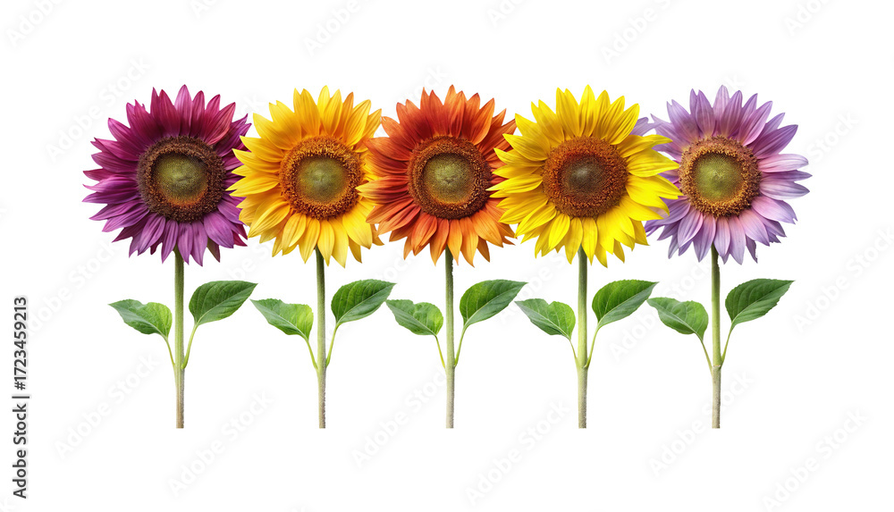 Fototapeta premium A Vibrant Array of Colorful Sunflowers Isolated on White Background Creating a Floral Pattern