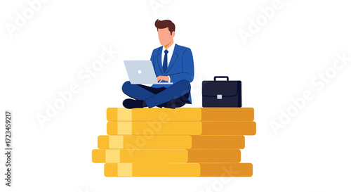 Concept of earning money online, investment, and financial freedom. Vector illustration of a rich businessman working on a stack of gold.