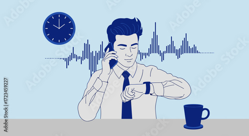 Time management and business communication concept. A busy professional multitasking, checking his schedule on a smartwatch during a phone call in the office.