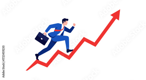 Business growth and career progress concept. A successful businessman running up a rising arrow, symbolizing ambition, achievement, and development.