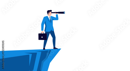 Business vision and future opportunity concept. A leader standing on a cliff edge, looking through a telescope to forecast market trends and growth.