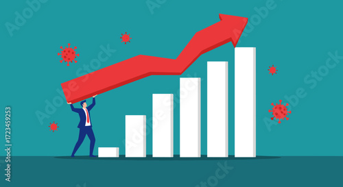 Business growth and economic recovery after Covid-19 crisis. Vector concept of a businessman fighting the pandemic to raise a financial chart arrow.