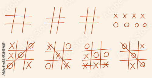 Tic Tac Toe Game Doodle Set, Hand-Drawn Tic-Tac-Toe Scribble Collection. X-O children's game, Noughts and Crosses doodle sketch. Vector Illustration Isolated on a Background