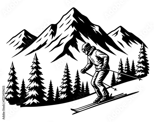 A person skiing down a mountain with pine trees, skiing, winter, mountains, sports, snow
