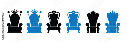 Collection of six ornate thrones, three black and three blue, displayed in a row isolated on white background