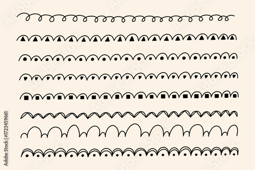 Hand Drawn Border lines Doodle, Drawing Dividers vector illustration isolated on a background, curved scribble lines, hand drawn border collection for invitations, greeting cards