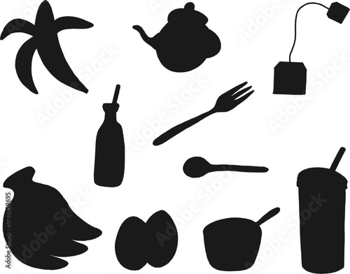 Breakfast Silhouette Set, Hand Drawn food icons, vector illustration isolated, best for invitations, menus and social media marketing