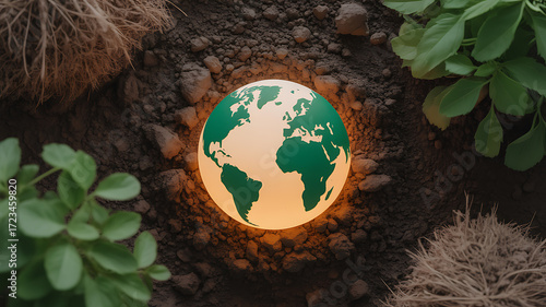 Fototapeta Naklejka Na Ścianę i Meble -  A glowing globe embedded in soil surrounded by green plants and natural elements