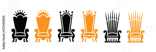 Collection of six stylized thrones, three black and three orange, isolated on a white background, representing power and royalty