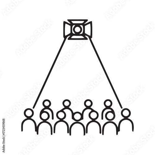 Stage spotlight line icon vector. Simple outline symbol for a show, concert, and performance. Minimalist theater glyph with crowd silhouette for entertainment design.
