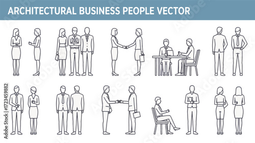 Architectural sketch style silhouette of business people in various poses and interactions for corporate concepts