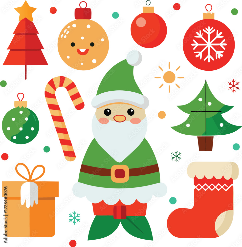 Naklejka premium Vector art of compilation of christmas elements including santa claus, christmas tree, candy cane, bauble, gift box, and snowflake