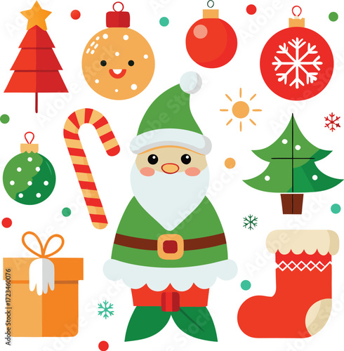 Vector art of compilation of christmas elements including santa claus, christmas tree, candy cane, bauble, gift box, and snowflake