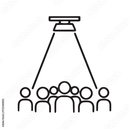 Stage spotlight line icon vector. Simple outline symbol for a show, concert, and performance. Minimalist theater glyph with crowd silhouette for entertainment design.
